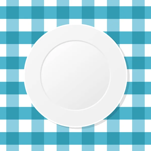 Біла Тарілка Синій Картатій Скатертині Порожня Посуд Кухонному Столі Безшовні — стоковий вектор