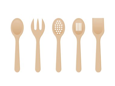 Beyaz arka planda tahta kaşıklar. Karıştırma kaşığı, spatula, çatal, süzgeç. Ahşaptan yapılmış mutfak eşyaları. Mutfak aletleri seti. Yemek konsepti. Pişirme ekipmanları. Vektör çizimi, düz stil, küçük resim.