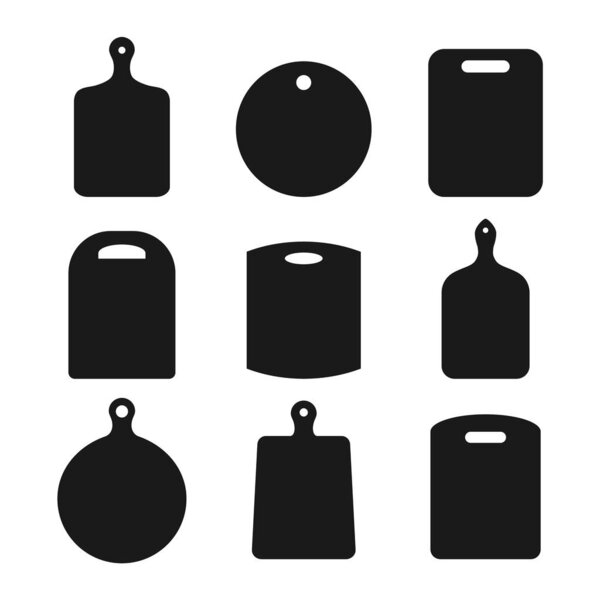 Set of wood cutting boards on white background. Empty black kitchen board icon collection. Different shape chopping board silhouettes. Kitchen equipment, utensils, kitchenware. Blank planks. Vector.