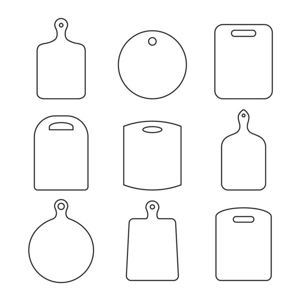 Set of wood cutting board outlines on white background. Empty black kitchen board line icon collection. Different shape chopping board symbols. Kitchen equipment, utensils, kitchenware. Vector, flat.
