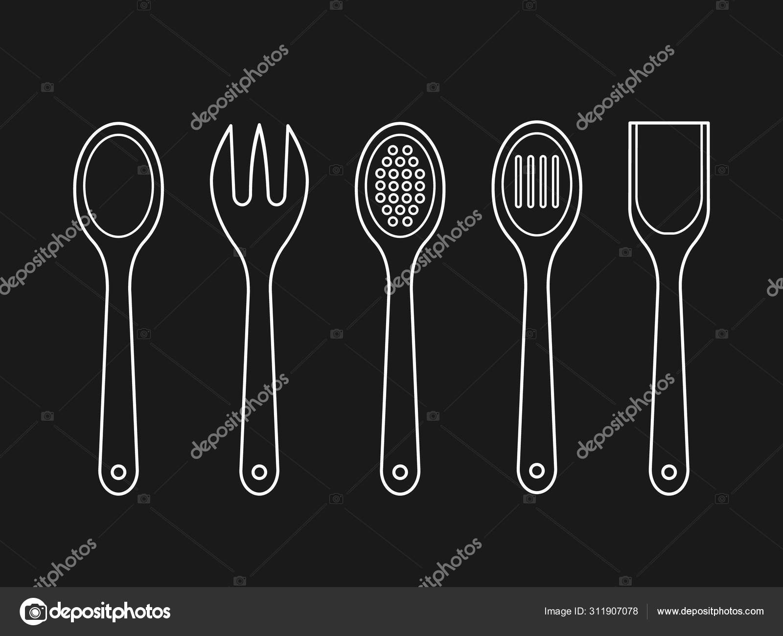 Wooden Spoons Outline Black Background Mixing Spoon Spatula Fork Strainer Stock Vector Image By Tacka 311907078