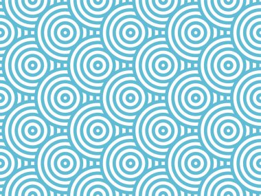 Mavi ve beyaz arka planda tekrarlanan daireler. Japon tarzı daireler çiziyor. Okyanus, su sembolik dokusu. Modern soyut geometrik dalgalı desenli fayanslar. Vektör illüstrasyonu.