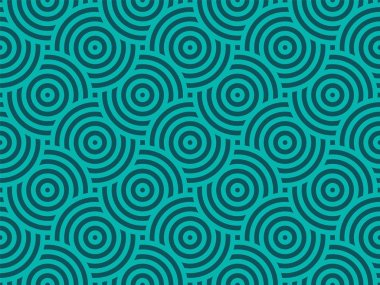 Yeşil ve deniz mavisi tekrar eden daireler çiziyor. Japon tarzı daireler, kusursuz bir arka plan. Modern spiral soyut geometrik dalgalı desenli fayanslar. Sonsuz tekrarlanan doku. Vektör illüstrasyonu.
