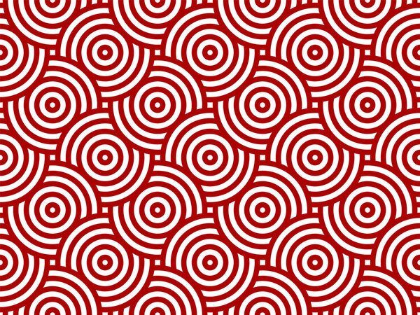Red and white intersecting repeating circles pattern. Japanese style circles seamless background. Modern spiral abstract geometric wavy pattern tiles. Endless repeated texture. Vector illustration.