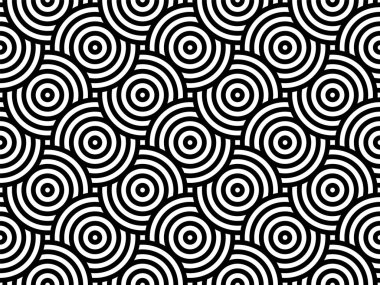 Siyah ve beyaz tekrar eden daireler çiziyor. Japon tarzı daireler, kusursuz bir arka plan. Modern spiral soyut geometrik dalgalı desenli fayanslar. Sonsuz tekrarlanan doku. Vektör illüstrasyonu.