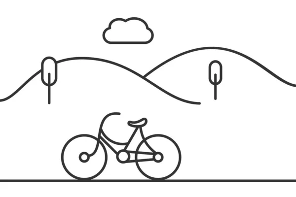 Montar Bicicleta Icono Línea Campo Paisaje Con Colinas Árboles Nubes — Vector de stock