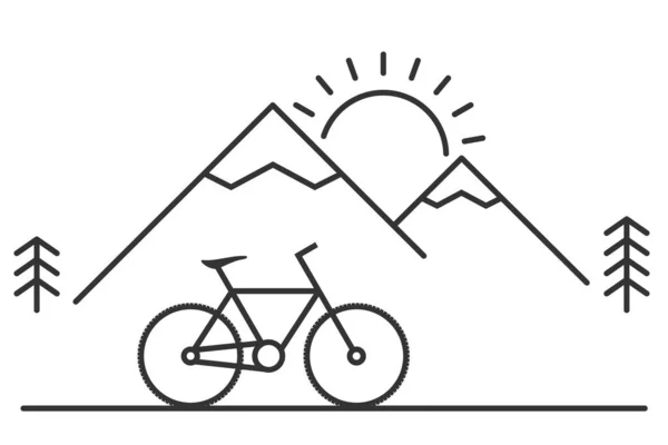 Bicicleta Montaña Colinas Sol Árboles Icono Línea Turismo Naturaleza Viajes — Vector de stock