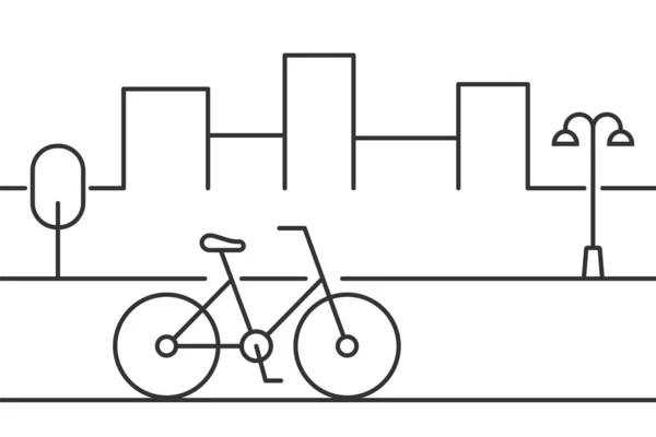 Bicicleta Calle Con Paisaje Urbano Farola Árbol Icono Línea Delgada — Vector de stock