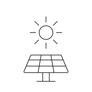 Güneş paneli ince çizgi simgesi. Alternatif elektrik kaynağı olarak Güneş. Yenilenebilir, sürdürülebilir, çevre dostu enerji kaynağı. Beyaz arka planda siyah bir taslak. Vektör illüstrasyonu, düz, klip sanatı.