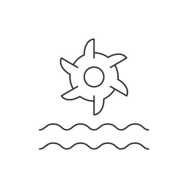 Hidrolik türbin sembolü. Su, elektrik enerjisi üreten bir hidroelektrik türbinin üzerinden akar. Hidroelektrik hattı simgesi. Beyaz arka planda siyah bir taslak. Sürdürülebilir enerji. Vektör illüstrasyonu, klip sanatı