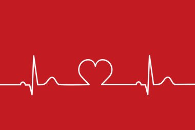 Kalp atışı ortada, kalp atışı ortada. Elektrokardiyogram, EKG, EKG. Nabız. Kalp ritmi. Sağlık sigortası konsepti. Kırmızı arka planda beyaz. Tıbbi bkg. Vektör illüstrasyonu, düz, klip sanatı.