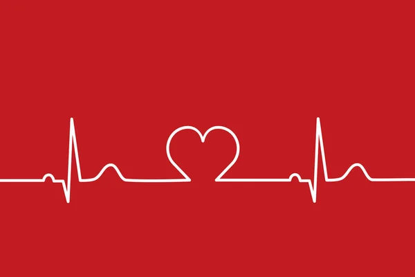 Kalp atışı ortada, kalp atışı ortada. Elektrokardiyogram, EKG, EKG. Nabız. Kalp ritmi. Sağlık sigortası konsepti. Kırmızı arka planda beyaz. Tıbbi bkg. Vektör illüstrasyonu, düz, klip sanatı.