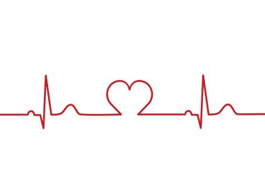 Normal elektrokardiyogram, EKG, ortasında kalp olan EKG. Kalp atışı hattı. Nabız. Kalp ritmi. Sağlık sigortası konsepti. Beyaz arka planda kırmızı. Tıbbi bkg. Vektör illüstrasyonu, düz, klip sanatı.