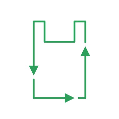 Plastik torba hattı simgesini geri dönüştür. Tekrar kullanılabilir oklu plastik torba. Plastik kullanımını azalt. Çevresel koruma. Yeşil oklar geri dönüşüm işareti oluşturuyor. Dayanıklılık. Vektör illüstrasyonu, düz, klip sanatı.