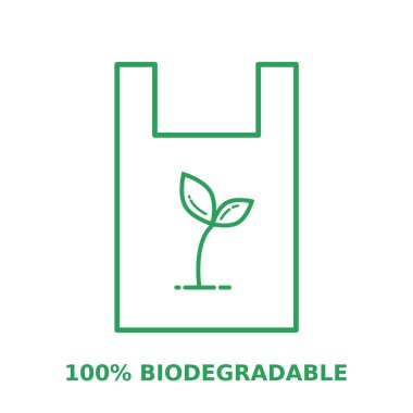 Biyo-çözünebilir plastik torba hattı simgesi. Nişasta torbası (mısır, patates). Bitki bazlı gübreli çevre dostu çanta. Yenilebilir biyoplastikler. Sürdürülebilir ambalaj. Vektör illüstrasyonu, düz, klip sanatı