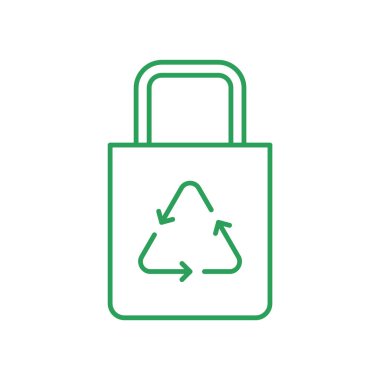 Geri dönüşüm sembollü pamuk çanta. Plastik poşet konseptine hayır de. Kumaş çevre torbası. Satır simgesi. Beyaz üzerine yeşil çizgi. Tekrar kullanılabilir bir alışveriş çantası. Çevre dostu el çantası. Vektör illüstrasyonu, düz, klip sanatı