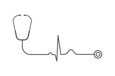 Beyaz arka planda kalp atışı olan steteskop. Kardiyoloji konsepti. Sağlıklı bir kalp. EKG veya EKG. Kalp sesleri ve mırıldanmalar. Nabız ya da kalp atışı sembolü normal. Vektör illüstrasyonu, düz, klip sanatı.