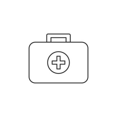 İlk yardım çantası çizgisi simgesi. Tıbbi haçlı doktorun çantası. Ev tıbbi malzemeleri. İlaç kutusu sembolü. Sağlık ekipmanları. Beyaz arka planda siyah bir taslak. Vektör illüstrasyonu, düz, klip sanatı.