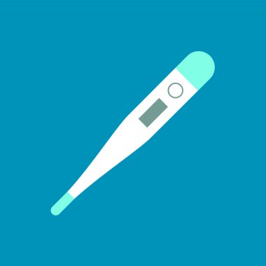 Mavi arka planda beyaz dijital termometre. Vücut sıcaklığı ölçme aracı. Elektronik tıbbi termometre. Ateşim var, hastalık belirtilerini kontrol ediyorum. Vektör illüstrasyonu, düz, klip sanatı