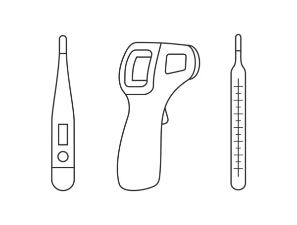 Laser Digital Mercury Body Temperature Thermometers Outlines Line Icons Three — Stock Vector