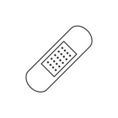 Alçı çizgisi simgesi. Yapışkan bandaj sembolü. Su geçirmez sıva işareti. İlk yardım çantası. Yaralı tıbbi tedavi. Beyaz arka planda siyah bir taslak. Vektör illüstrasyonu, düz, klip sanatı.