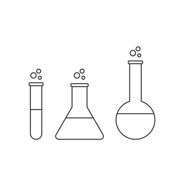 实验室玻璃器皿系列图标 Erlenmeyer 与化学品 三个化学烧杯科学研究概念 白色背景的黑色轮廓 矢量图解 剪贴画 — 图库矢量图片