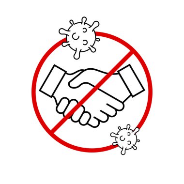 Kırmızı çemberde el sıkışma işareti yok. Coronavirus çizgisi ikonuyla el sıkışmayı bırak. Covid - 19 önleme. Başkalarının ellerine dokunmaktan kaçının. Güvenlik önlemleri. Vektör illüstrasyonu, düz, klip sanatı.
