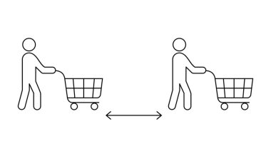 Süpermarket tabelasında güvenli bir mesafede durun. İki kişi alışveriş arabası ikonuna basıyor. Marketteki müşteriler. Covid-19 'u engelle. Beyaz arka planda siyah bir taslak. Vektör illüstrasyonu, klip sanatı