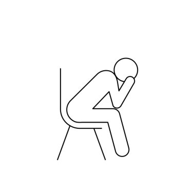 Kafası elinde oturan bunalımlı bir adam. Üzgün ve endişeli insan figürü simgesi. Akıl sağlığı ve belirsizlik kavramı. Beyaz arka planda siyah bir taslak. Vektör illüstrasyonu, düz, klip sanatı.