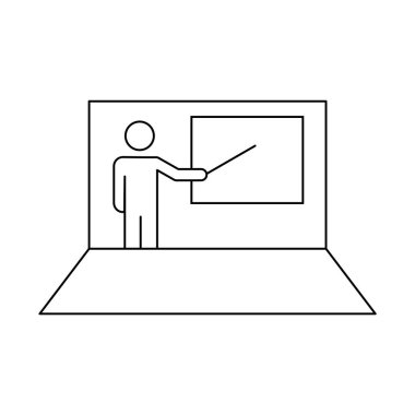 İnternetteki öğretmen bir dizüstü bilgisayar çizgisi simgesinde. Beyaz tahtayı gösteren insan figürü. Online eğitim. Evde eğitim. E-öğrenme konsepti. Beyaz arka planda siyah bir taslak. Vektör illüstrasyonu, düz, klip sanatı