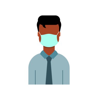 Koruyucu maske takan takım elbiseli ve kravatlı Afro-Amerikalı iş adamı. Yüz maskesi işareti olmadan giriş yok. İş yerinde güvenlik. Salgın sırasında yeni normaller. Ofis yeniden açıldı. Vektör illüstrasyonu, düz, klip sanatı.