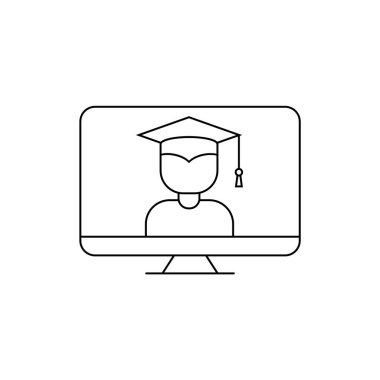 Bilgisayar ekranı simgesindeki üniversiteli çocuk. Çevrimiçi eğitim, evde eğitim, e-öğrenme konsepti. Konferans görüşmesiyle uzaktan öğrenme. Beyaz arka planda siyah bir taslak. Vektör illüstrasyonu, klip sanatı