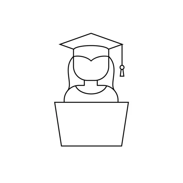 ラップトップラインのアイコンを持つ女子大生 コンピュータの前に迫撃砲付きの学生 Eラーニングの概念 オンライン教育 家庭教育 白の背景に黒の輪郭 ベクターイラスト フラット — ストックベクタ