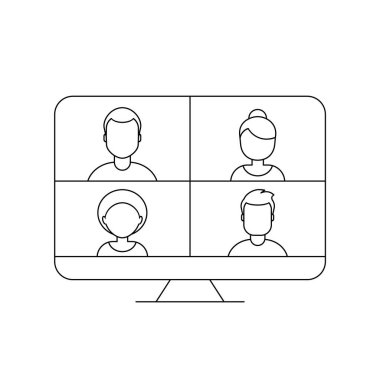 Video konferans konsepti. Masaüstü bilgisayar ekranında dört kişi. Görüntülü arama. Coranavirus salgını sırasında evden çalışmak. Meslektaşların sanal toplantısı. Vektör illüstrasyonu, taslak, düz, klip sanatı.