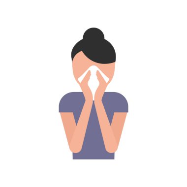 Kağıt mendil konseptiyle hapşırmayı. Kadın burnuna ve ağzına peçete tutarken öksürüyor ya da hapşırıyor. Soğuk algınlığı, grip ve koronavirüs sırasında mendil kullanın. Vektör illüstrasyonu, düz, klip sanatı.