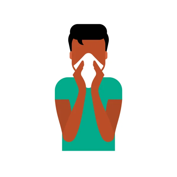 アフリカ系アメリカ人の男性は紙ナプキンでくしゃみや咳をカバーしています コロナウイルス保護のための組織を使用してください 感染症の予防 口と鼻を覆いなさい ベクターイラスト フラット クリップアート — ストックベクタ