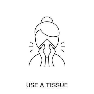 Sneeze line icon. Woman blowing her nose in paper tissue. Use tissue. Cover mouth and nose when coughing and sneezing. Personal hygiene. Coronavirus safety measures. Vector illustration, flat,clip art clipart