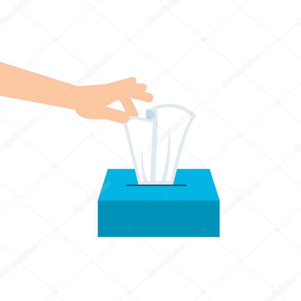 Hand is pulling a paper tissue from a box. Personal hygiene. Hand takes a cleaning wipe from a cardboard package. Paper towels. Blue box on white background. Vector illustration, flat, clip art.