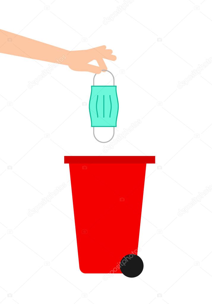 Hand throwing away used protective face mask in trash bin. Red garbage bin for biohazard waste. Safely dispose used surgical mask. White background. COVID-19 prevention. Vector illustration, clip art