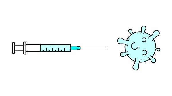 Covid 19ワクチンバーストコロナウイルス ワクチンの発見 注射針で注射器はウイルスのアイコンを指している コロナウイルスの予防接種と予防接種 パンデミックと戦う ベクターイラスト フラット クリップアート — ストックベクタ