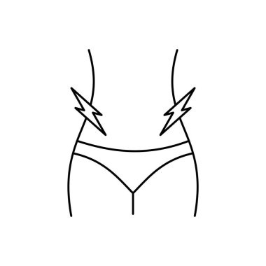Menstrual cramps line icon. Woman feels lower abdominal pain. Stomachache symbol. Period pain. Premenstrual syndrome. Polycystic ovary syndrome. Black outline on white background. Vector, clip art clipart