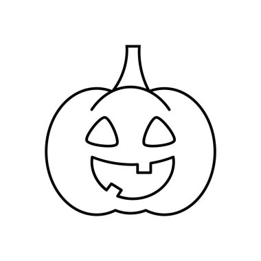 Cadılar Bayramı balkabağı çizgisi ikonu. Jack O feneri. Cadılar bayramı konseptin kutlu olsun. Gülümseyen şirin balkabağı. Basit doğrusal sembol. İzole edilmiş balkabağı ikonu. Siyah çizgili, beyaz arkaplan. Vektör illüstrasyonu, klip sanatı