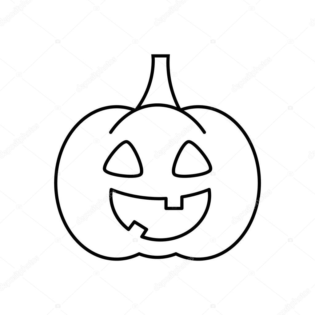 Halloween pumpkin line icon. Jack O lantern. Happy halloween concept. Smiling cute pumpkin. Simple linear symbol. Isolated pumpkin icon. Black outline, white background. Vector illustration, clip art