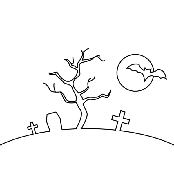 Árvore Halloween Assustadora Cena Halloween Com Lua Morcego Cemitério Uma — Vetor de Stock