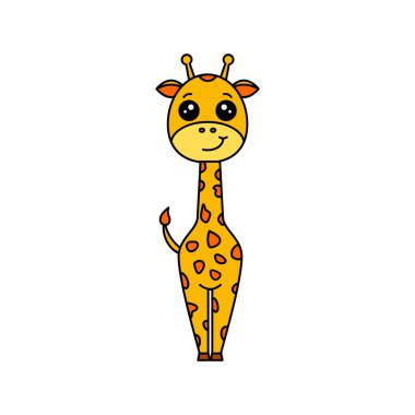 Kawaii stilinde şirin zürafa. Kocaman gözleri olan gülümseyen zürafa. Beyaz arka planda çizgi film karakteri bir hayvan. Çizgili komik renkli zürafa. Hayvanat bahçesi hayvanları çiziyor. Vektör illüstrasyonu, düz, klip sanatı.
