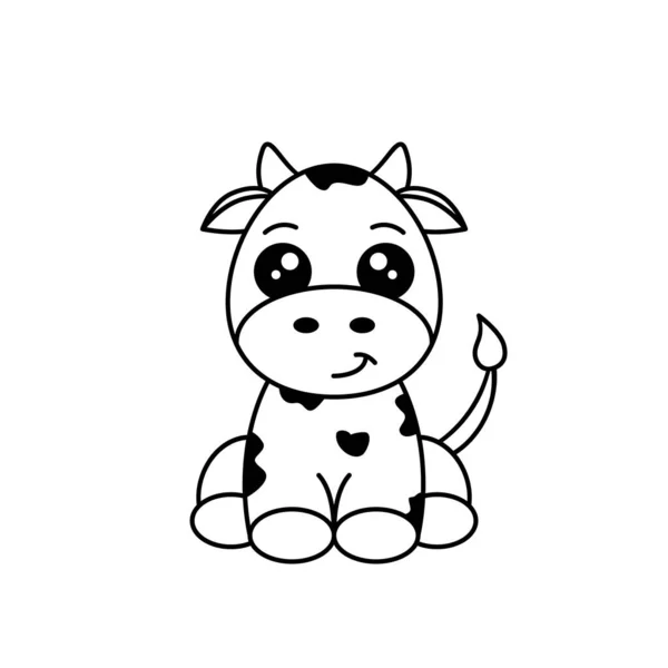 흑백의 귀여운 소입니다 캐릭터로 유명하다 앉아서 차디찬 송아지 그림에 윤곽이 — 스톡 벡터