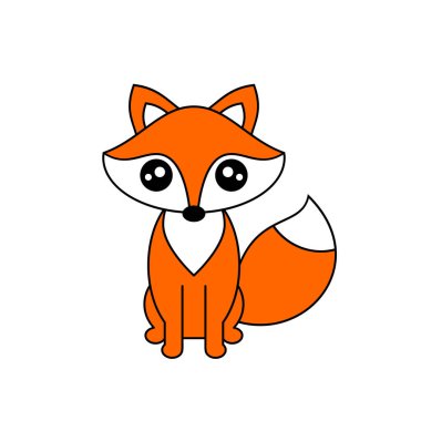 Şirin tilki oturuşu. Kawaii tarzı vahşi ya da hayvanat bahçesi hayvanı. Kızıl tilki utangaç görünüyor. Büyük gözleri ve büyük kuyruğu olan komik hayvan karakteri. Beyaz arka planda izole edilmiş. Vektör illüstrasyonu, düz, klip sanatı.