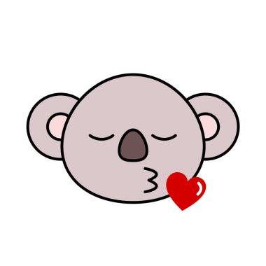 Koala emoji seni öpüyor. Şirin koala öpücük yolluyor. Aşık komik kawaii koalası. Kalbi ve dudakları olan romantik bir hayvan karakteri. Beyaz arka planda izole edilmiş. Vektör illüstrasyonu, düz, klip sanatı.