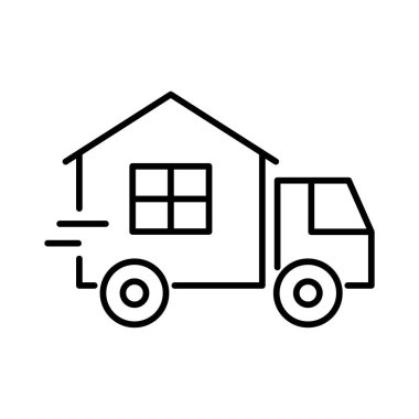 Tekerlekli küçük bir ev ve kamyon hattı ikonu. Gezici evler, seyahat yaşam tarzı, yolda özgürlük. Taşıma hizmetleri, lojistik, ulaşım ve taşınabilir konut çözümleri. Vektör illüstrasyonu
