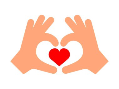 İki el, içinde kırmızı kalp olan bir kalp yaratıyor. Sevgi, şefkat, şefkat, ilgi sembolü. Arkadaşlık, duygular, birlik ve destek ifadesi. Jest mesajını seviyorum. Vektör illüstrasyonu.